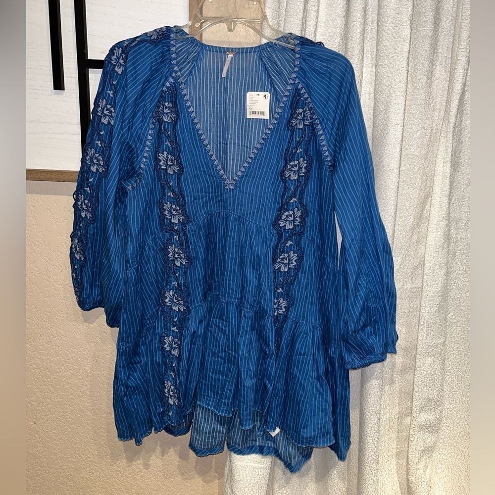 Free people embroidered blue mini dress NWT $128